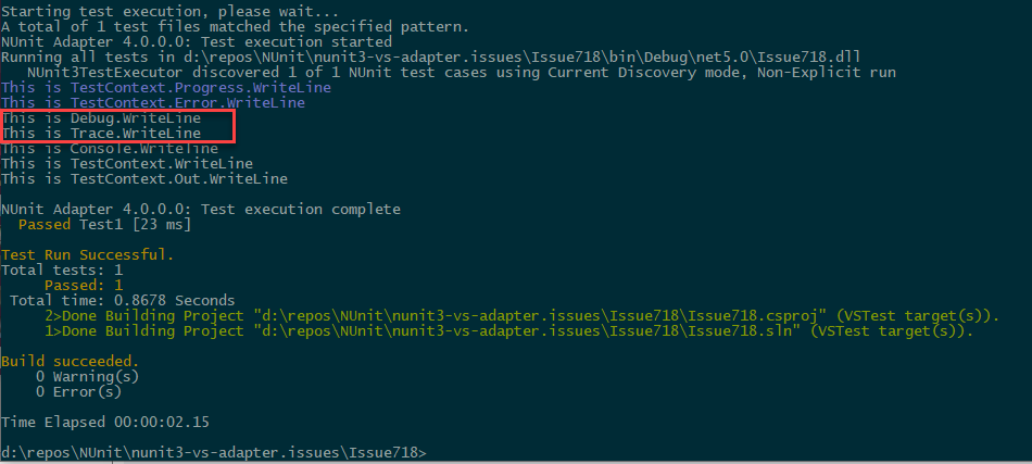 DotNet Trace Debug output showing the lines outputted by the TraceListener