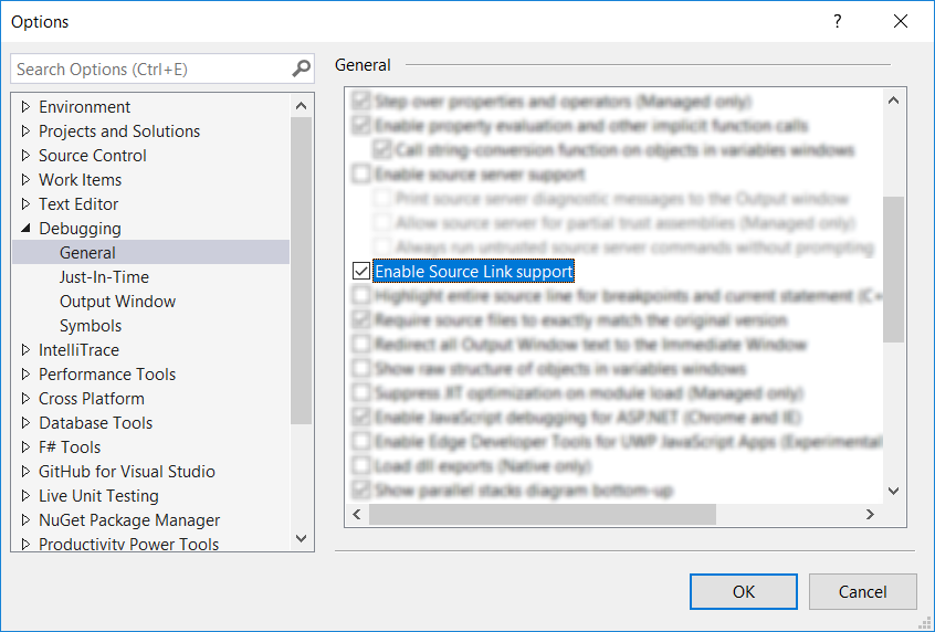 Screenshot of how to enable source link support in Visual Studio